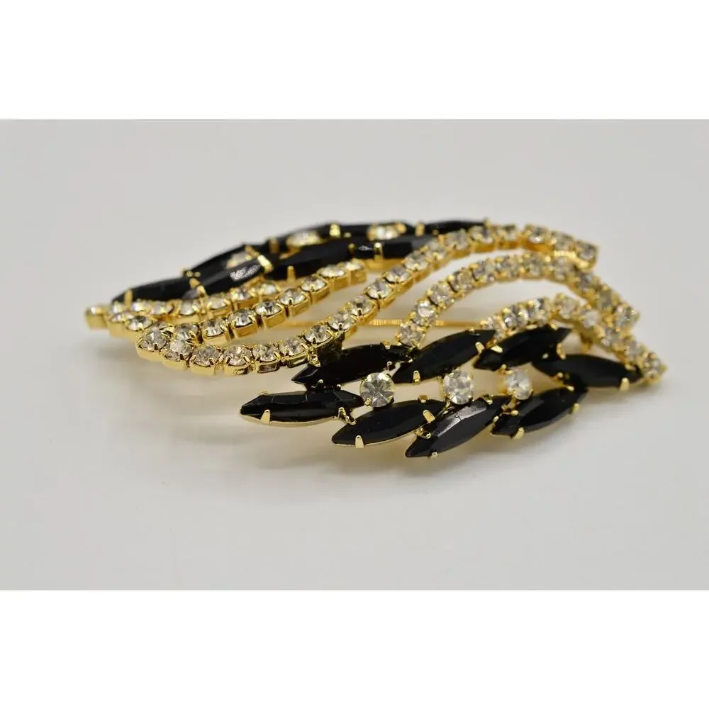 Vintage Prong Crystal Pin Brooch Marquise Rhinestone Black Chunky 1960s BinV